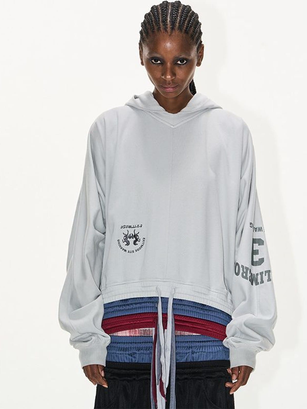 BLINDNOPLAN Layered Waistband Spliced Hoodie in Gray - On Female Model