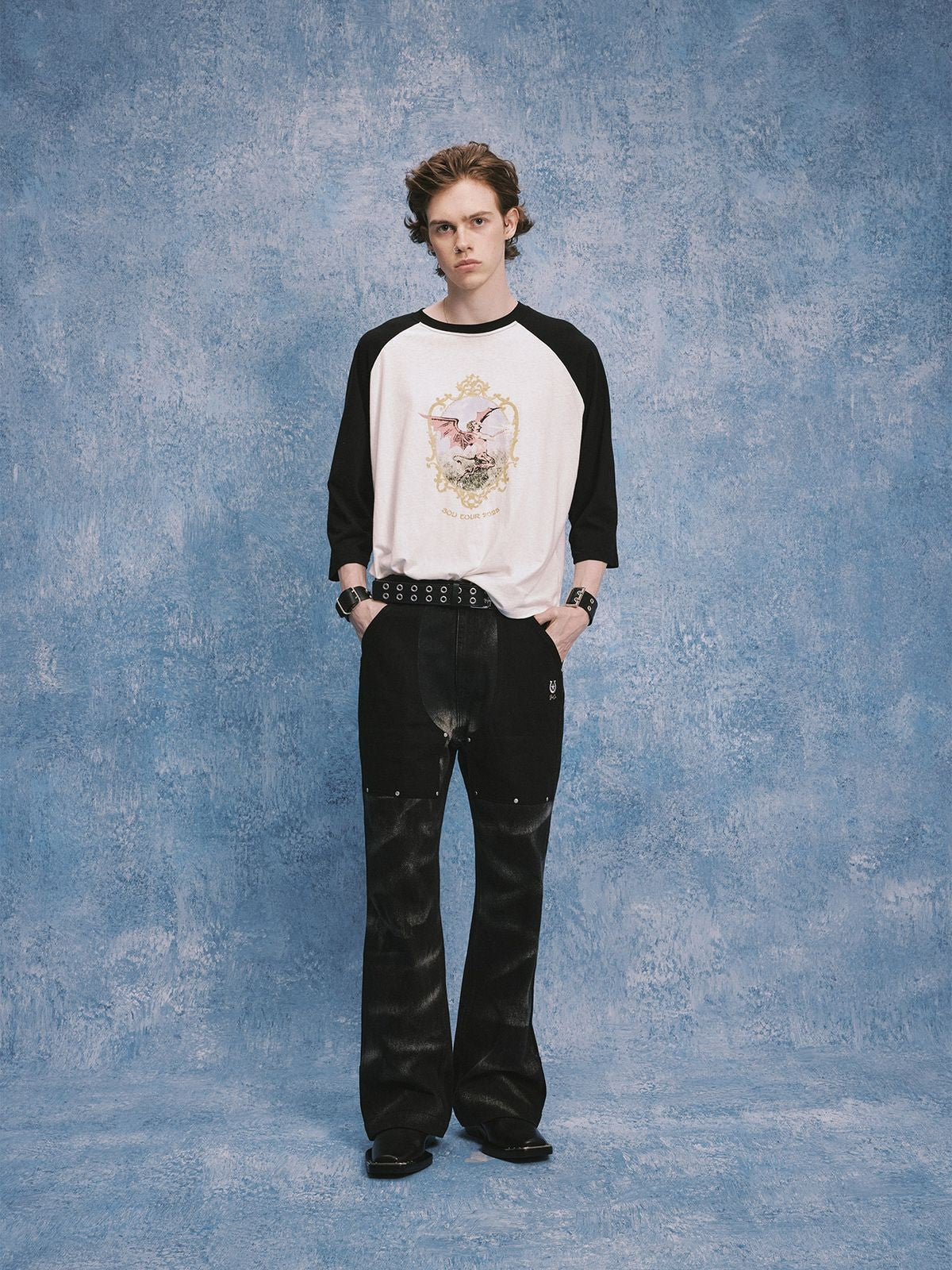 SOD Rivet Panel Micro Flare Jeans in Black - On Male Model