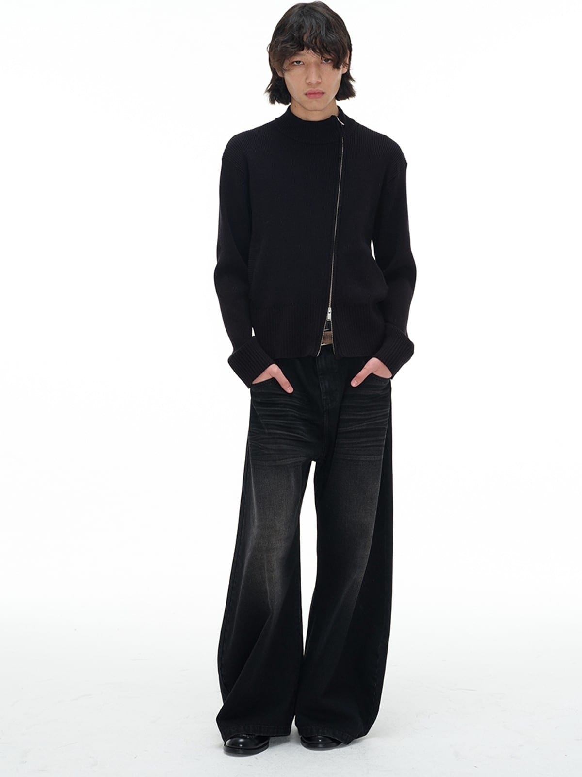 JCAESAR STUDIO Two Way Diagonal Zip Ribbed Sweater in Black - On Male Model