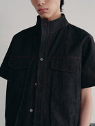 JCAESAR STUDIO Red Stitched Stand Collar Denim Shirt in Gray - On Male Model