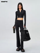 SMFK Zip Front Cropped Activewear Jacket in Black - On Female Model