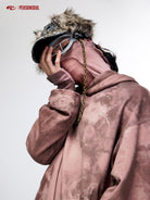 PERSONSOUL Embroidered Distressed Mask Hoodie in Pink - On Model