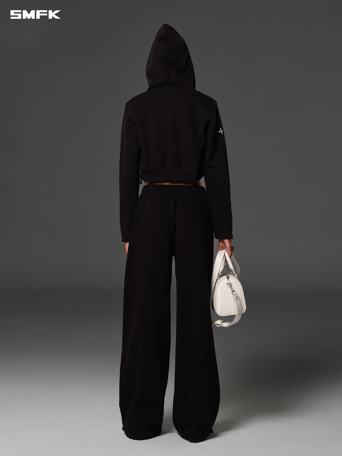 SMFK Cotton Wool Blend Cropped Zip Up Hoodie in Black - On Model