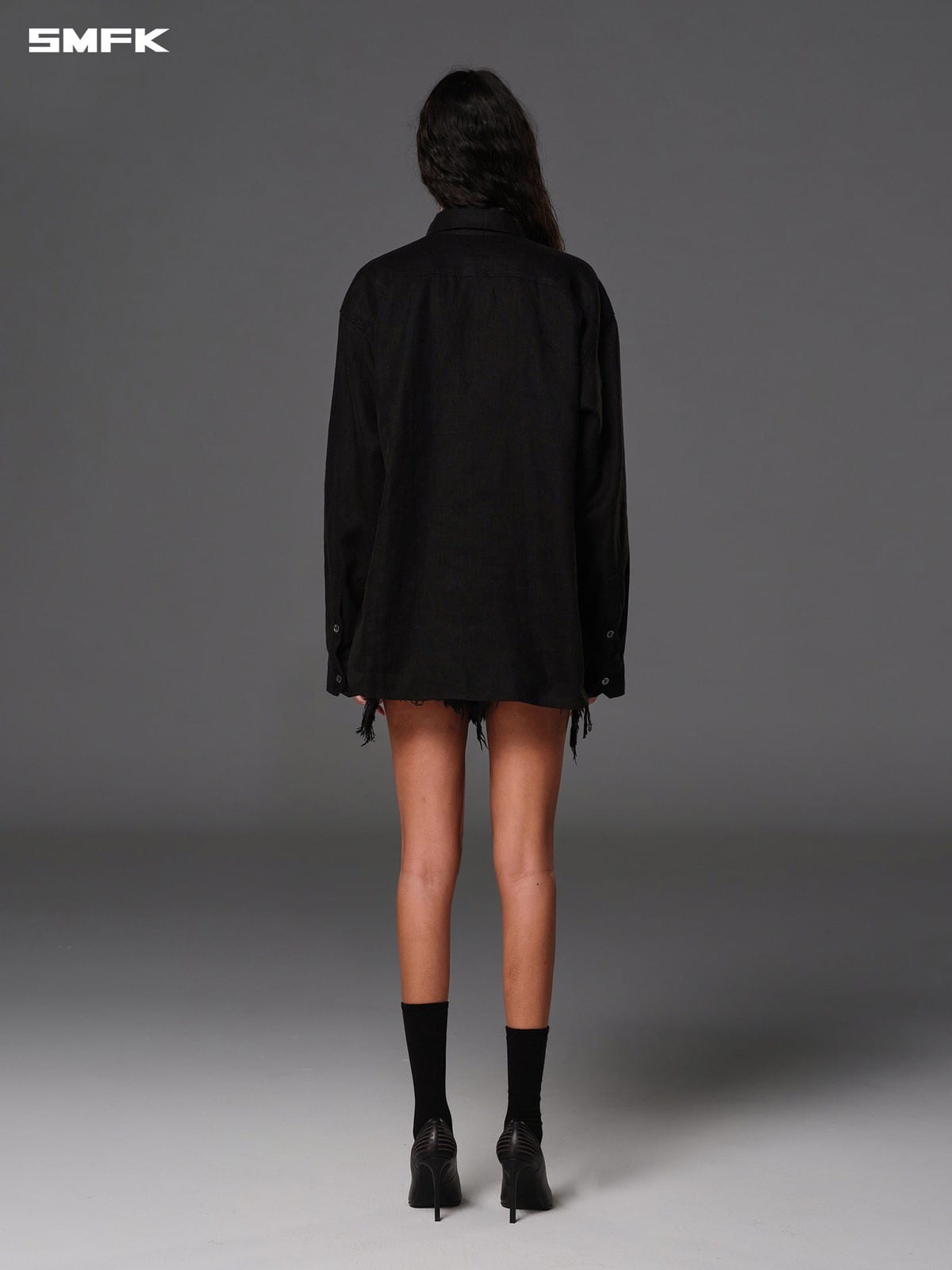 SMFK Long Sleeve Linen Button Down in Black - On Model
