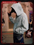MEDM Evangelion Distressed Zip Up Hoodie in Gray - On Model