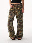 BLINDNOPLAN Paneled Camo Flared Cargo Pants in Green - On Female Model