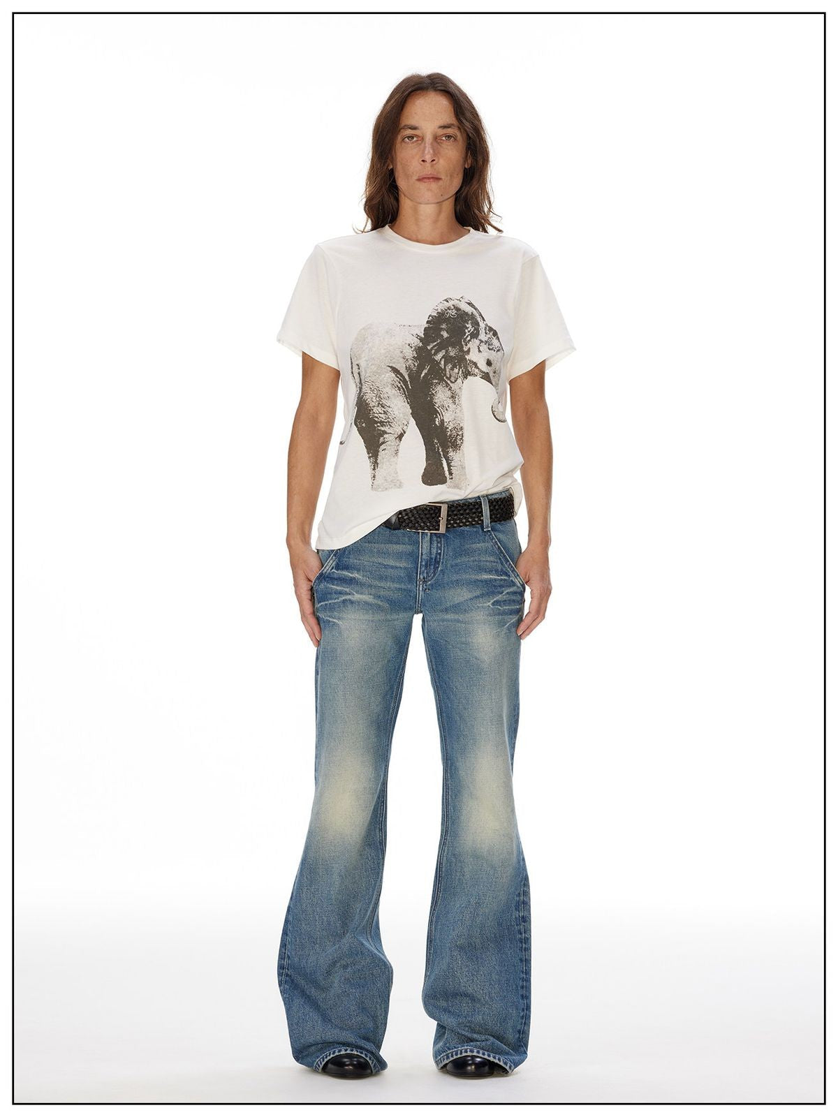 FaxCopyExpress Elephant Print Cotton Modal Tee in White - On Female Model