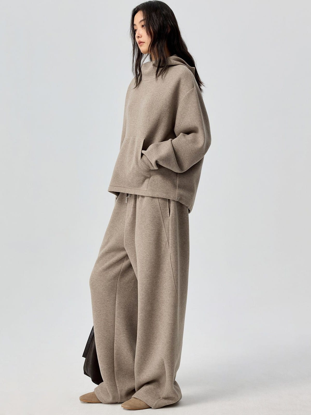SIMPLE PROJECT High Neck Fleece Blend Hoodie in Beige - On Female Model