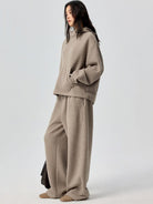 SIMPLE PROJECT High Neck Fleece Blend Hoodie in Beige - On Female Model