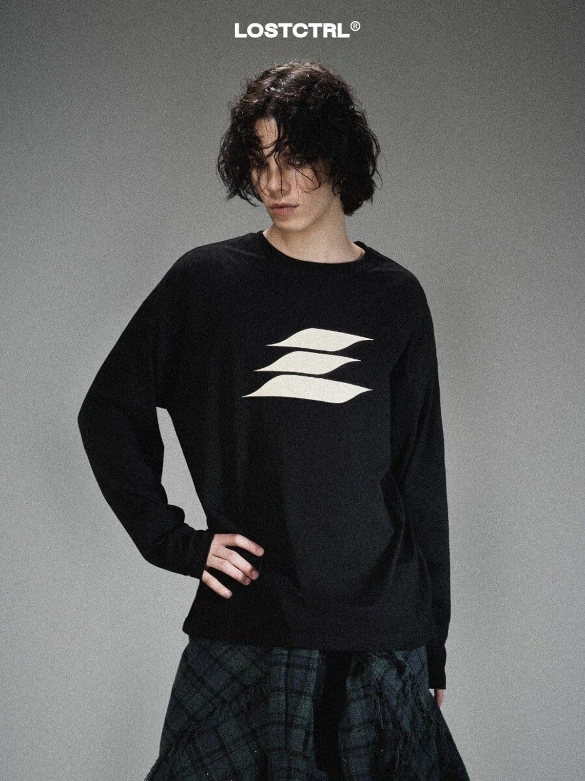 LOSTCTRL Heavyweight Cotton Long Sleeve T Shirt in Black - On Male Model