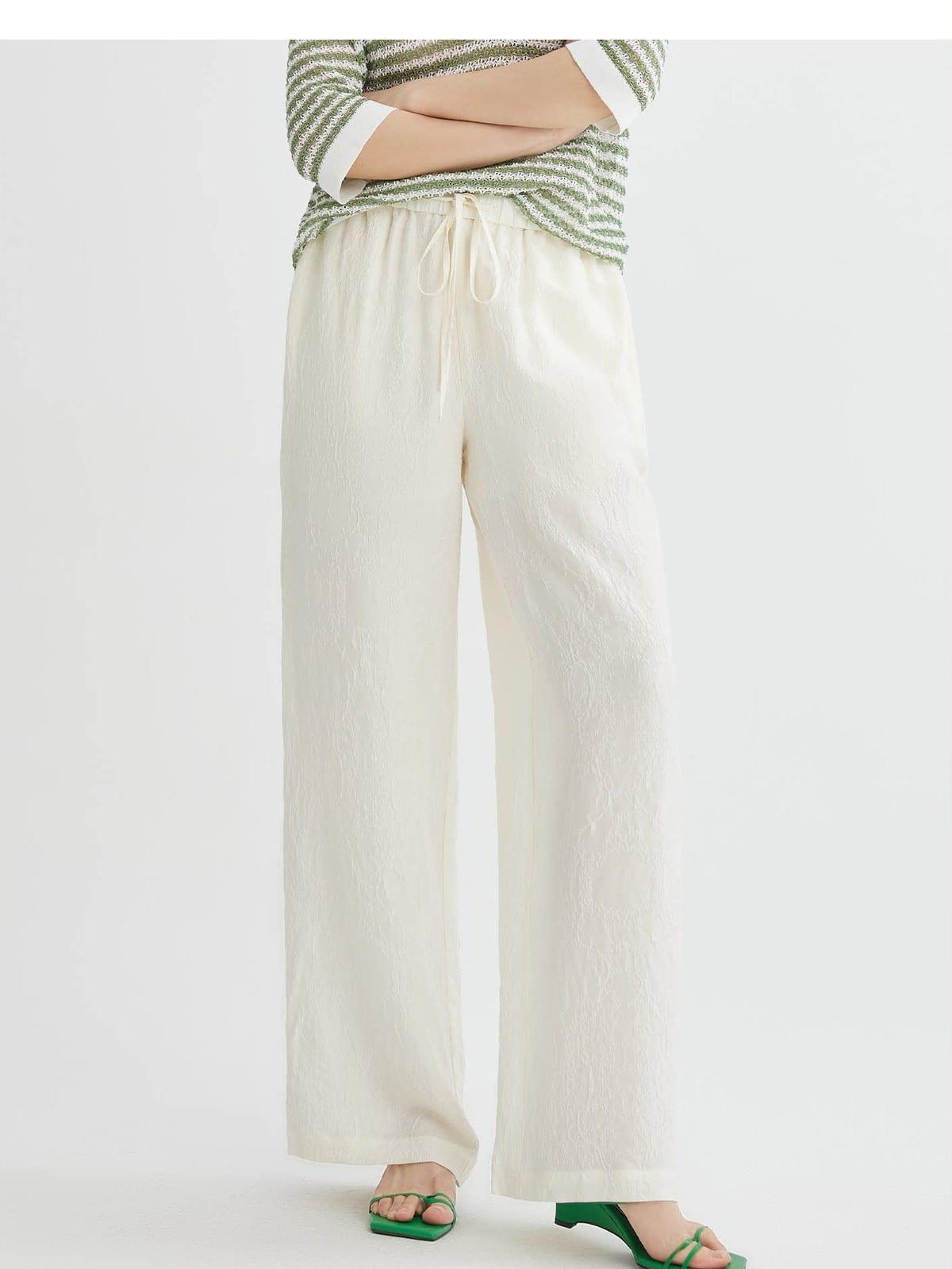 TEASEL Silk Jacquard Top Wide Leg Trousers Set in White - On Female Model
