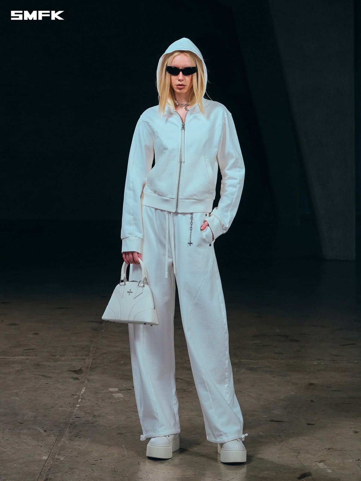 SMFK Curved Seam Cotton Joggers in White - On Female Model