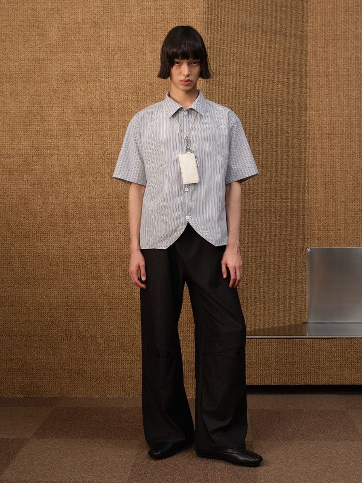 JCAESAR STUDIO Striped Short Sleeve Curved Hem Shirt in Gray - On Male Model
