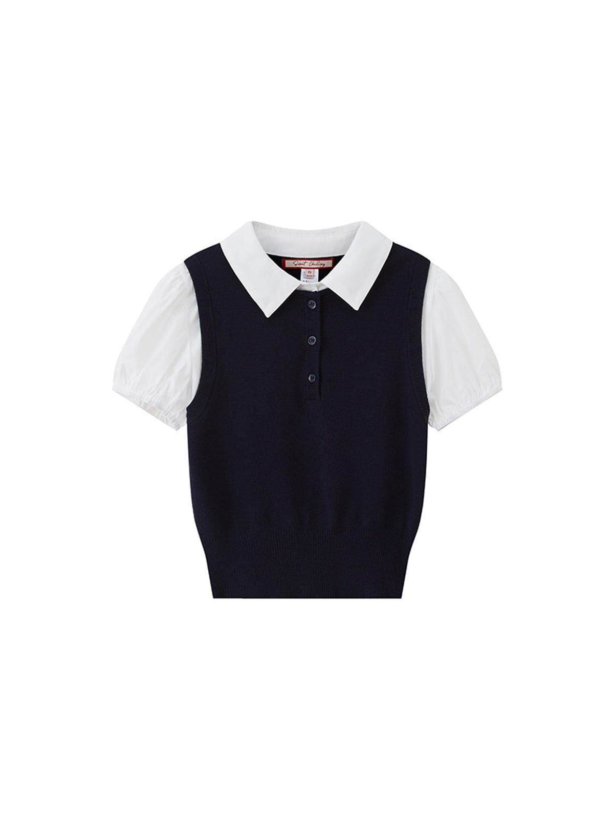 SweetChilling Mock Layer Polo Knit Crop Top in Navy Blue