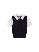 SweetChilling Mock Layer Polo Knit Crop Top in Navy Blue