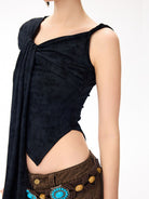 BeerBro Asymmetric Tie Front Off Shoulder Top in Black - On Female Model
