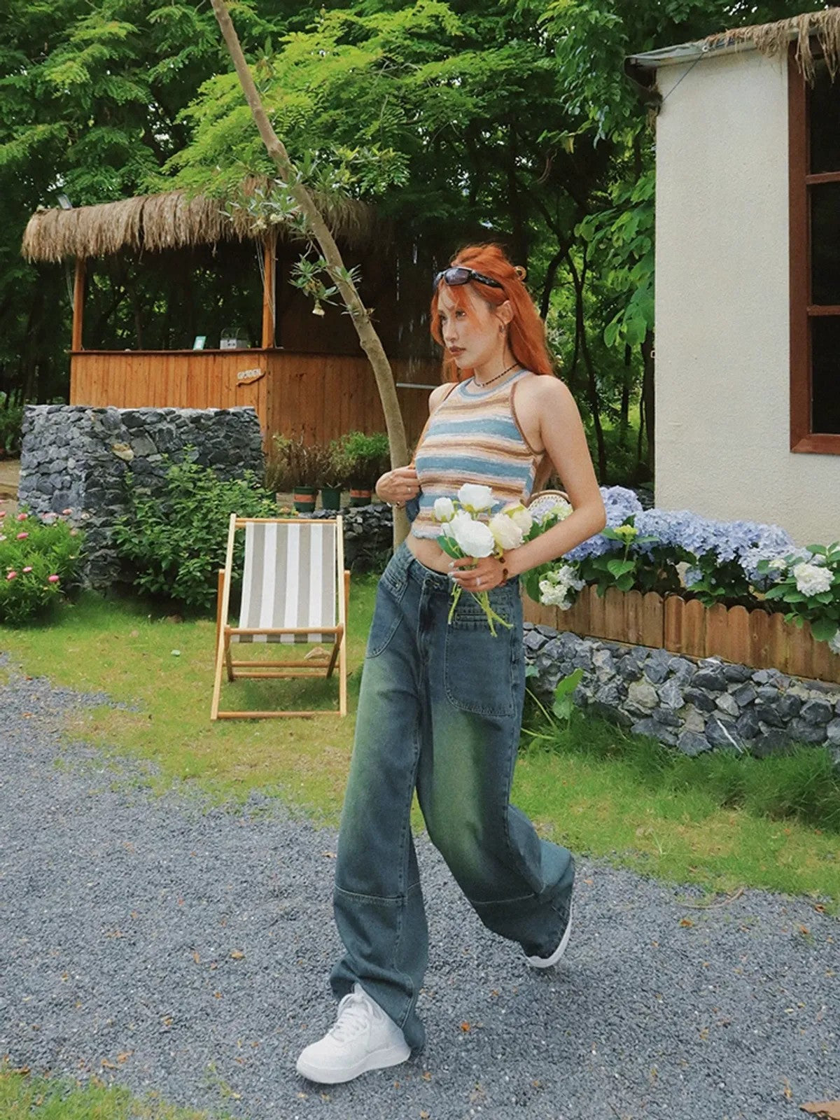 BeerBro Vintage Wash Straight Leg Jeans in Blue - On Female Model