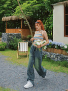 BeerBro Vintage Wash Straight Leg Jeans in Blue - On Female Model
