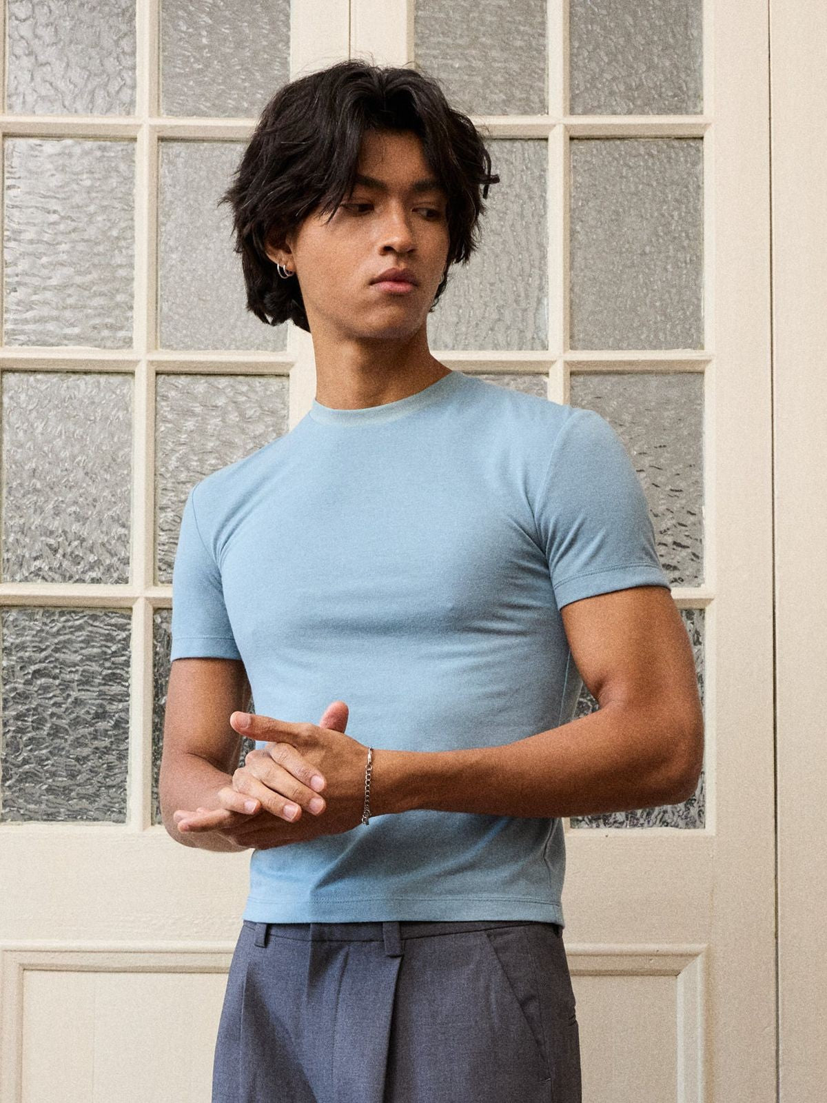 Retro 21 Japanese Wool Blend Crew Neck Tee in Sky Blue - On Male Model