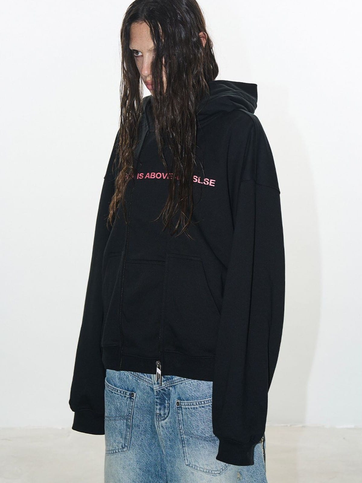 BLINDNOPLAN Faux Double Layer Paneled Hoodie in Black - On Model