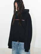 BLINDNOPLAN Faux Double Layer Paneled Hoodie in Black - On Model
