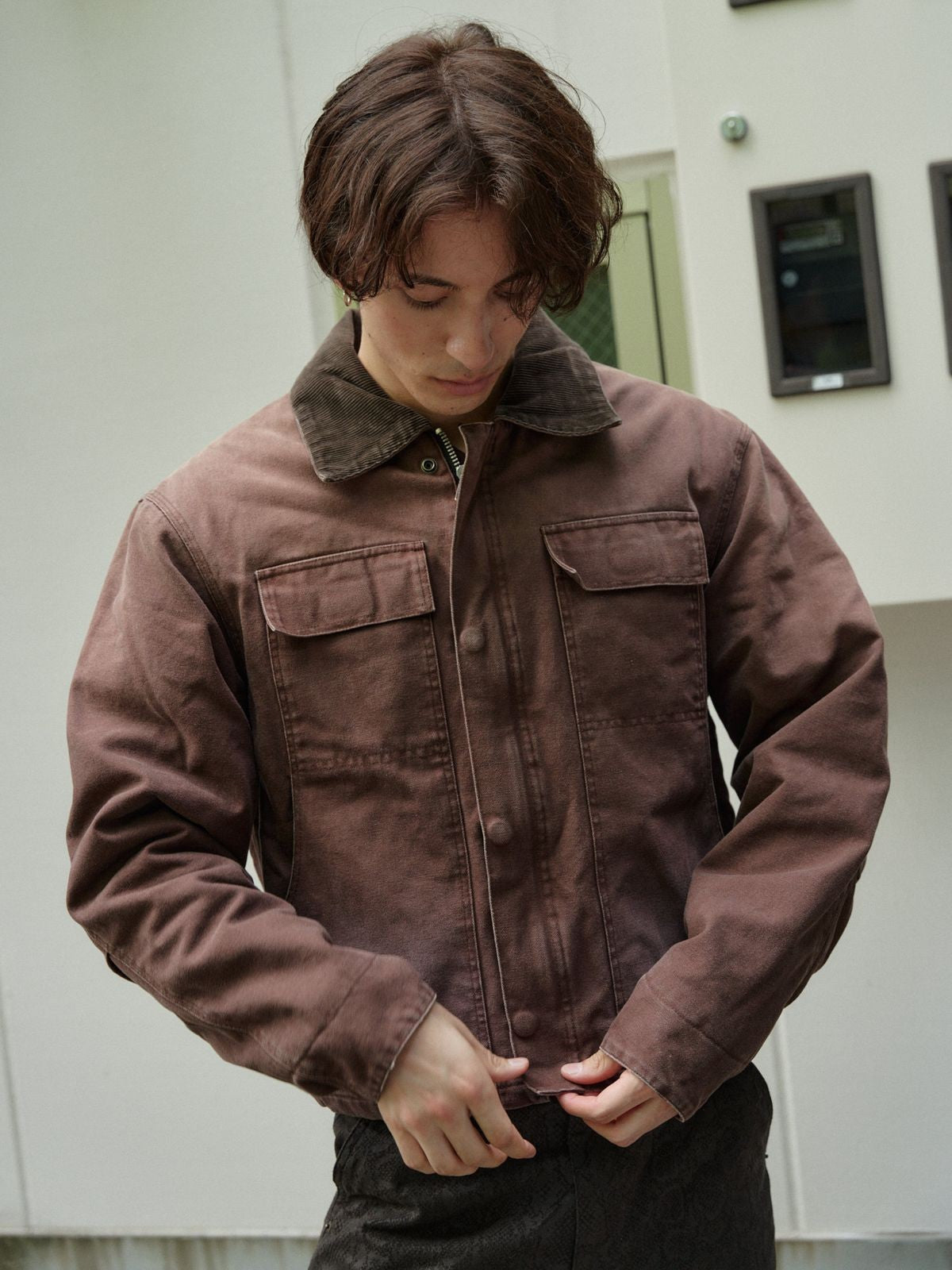 Retro 21 Washed Cotton Padded Work Jacket in Brown - On Male Model