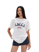 SweetChilling Oversized Vintage Print Cotton T Shirt in White - On Female Model