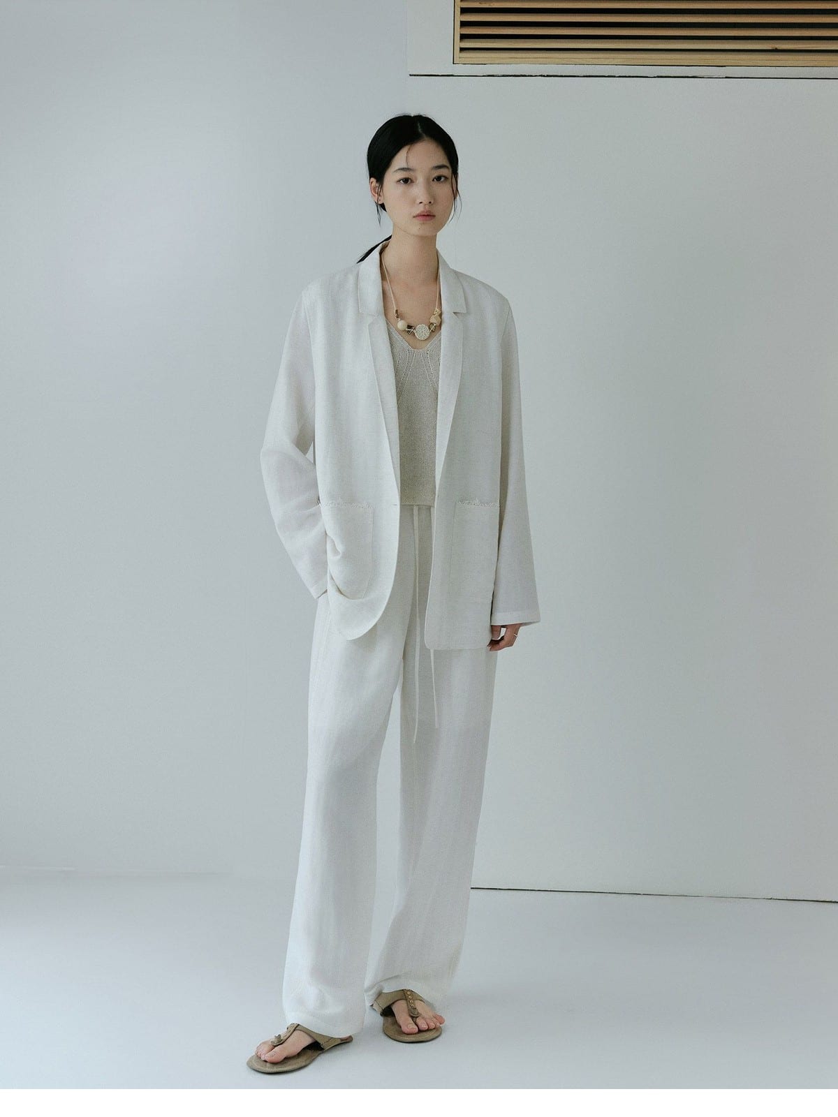 TEASEL Linen Blend Blazer Wide Leg Pants Set in White - On Female Model