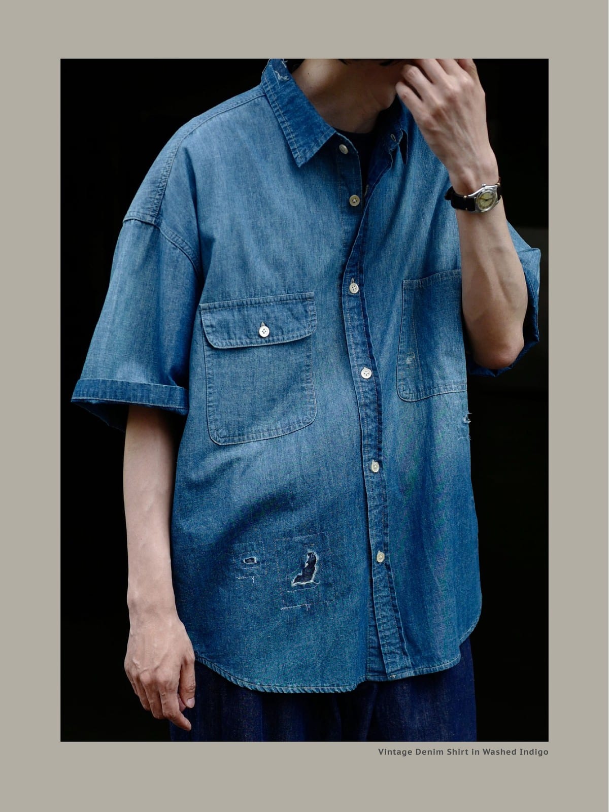 USAGE Distressed Short Sleeve Denim Shirt in Denim - On Male Model