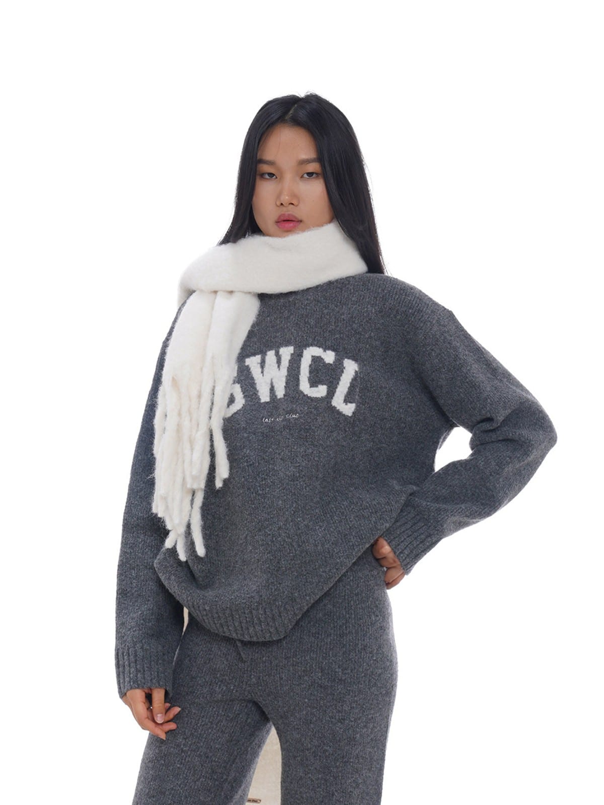 SweetChilling Knit Wide Leg Drawstring Pants in Dark Gray - On Female Model