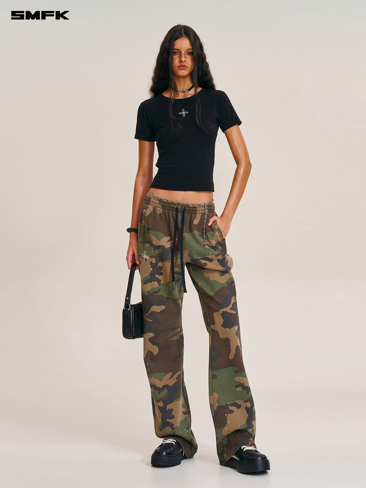 SMFK Acetate Blend Cross Graphic T Shirt in Black - On Female Model