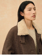 TEASEL Wool Plaid Barn Jacket with Fur Collar in Brown - On Female Model
