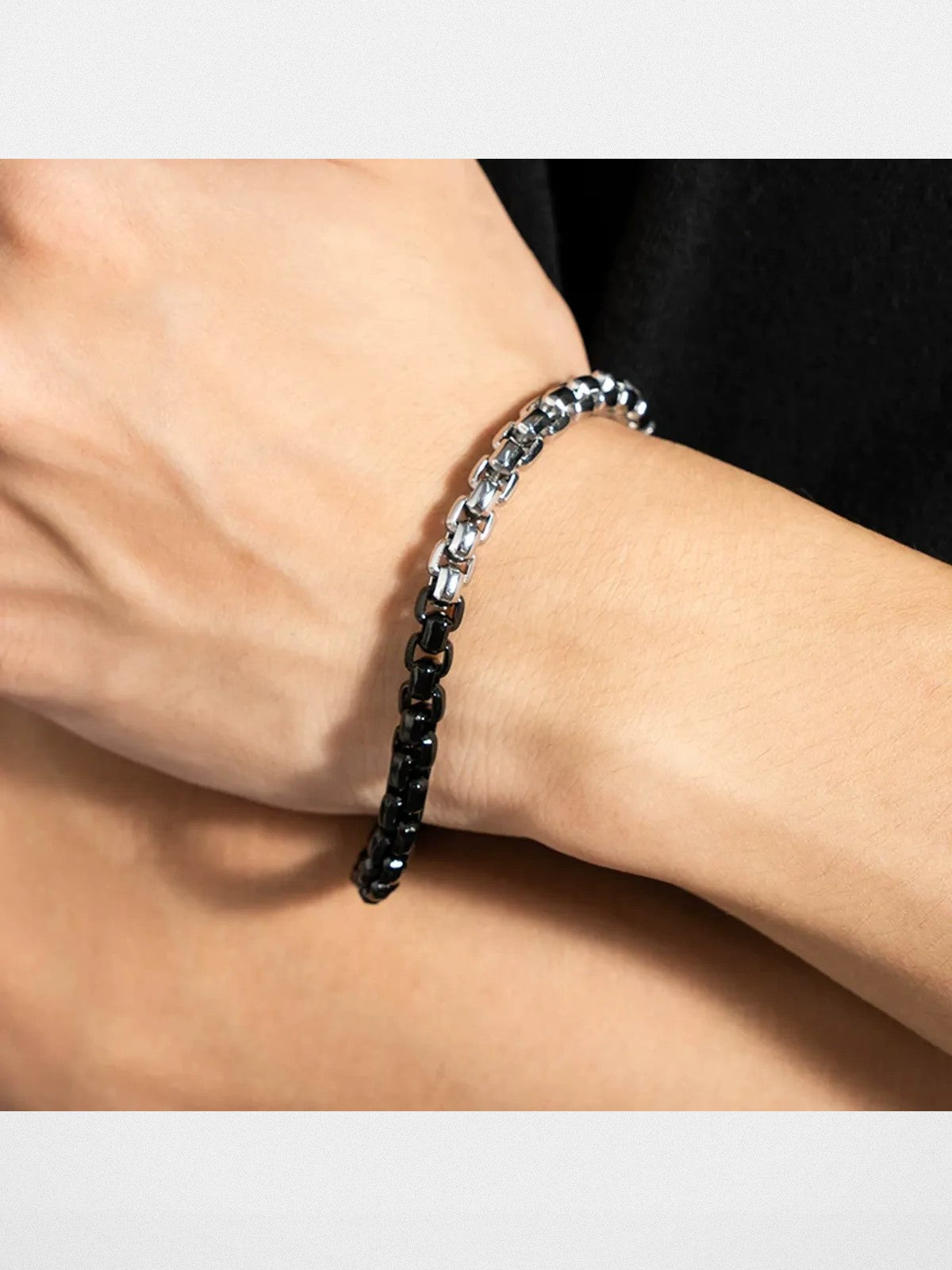 BLACKHEAD Two Tone Steel Box Chain Bracelet in Black - On Male Model
