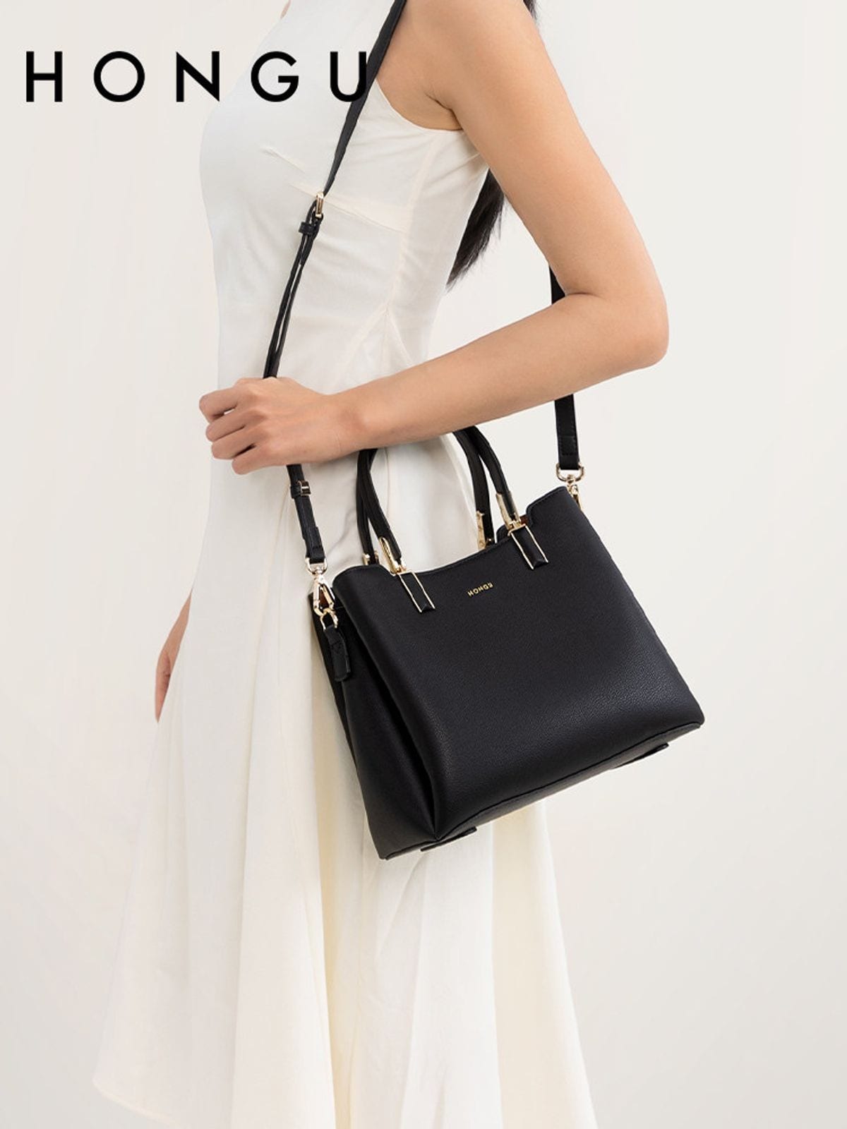 HONGU Split Cowhide Crossbody Handbag in Black - On Female Model