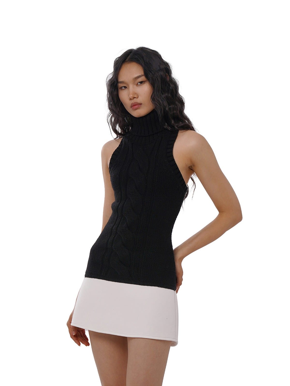 SweetChilling Paneled Cable Knit Turtleneck Dress in Black - On Female Model