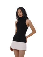 SweetChilling Paneled Cable Knit Turtleneck Dress in Black - On Female Model