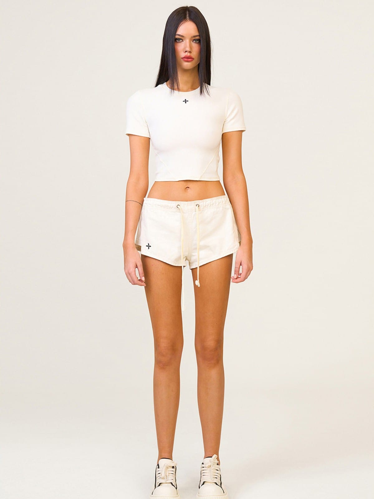 SMFK Low Rise Drawstring Cotton Shorts in Cream - On Female Model