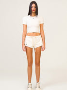 SMFK Low Rise Drawstring Cotton Shorts in Cream - On Female Model