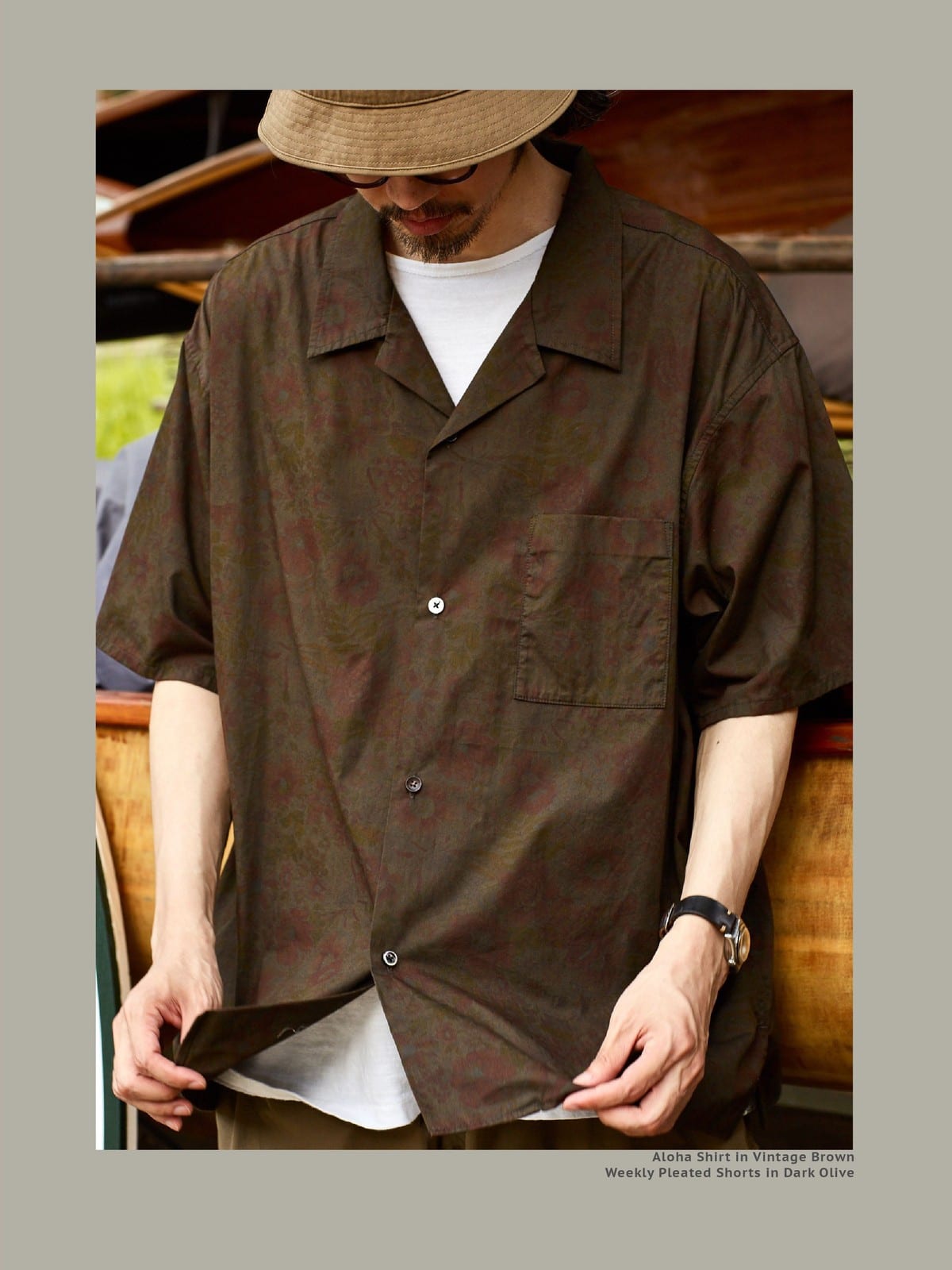 USAGE Floral Japanese Cotton Aloha Shirt in Brown - On Male Model