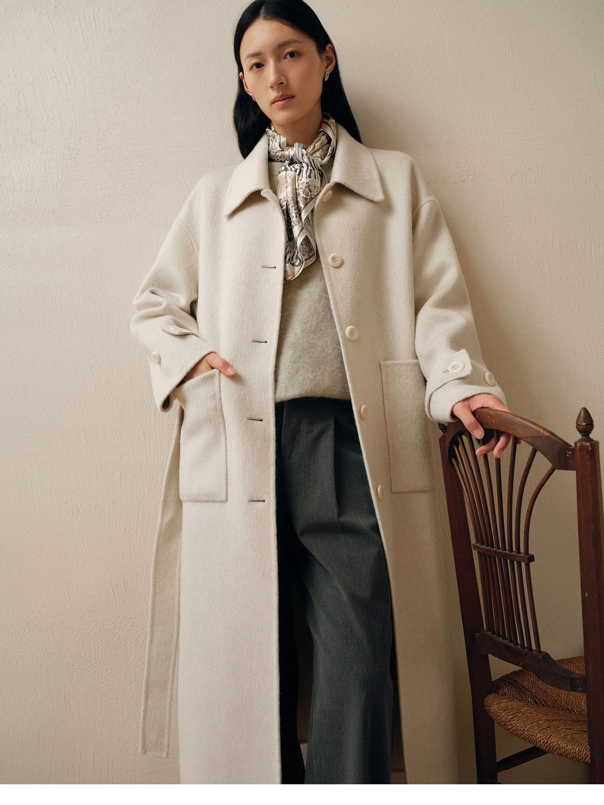 TEASEL Single Breasted Wool Blend Coat in Cream - On Female Model