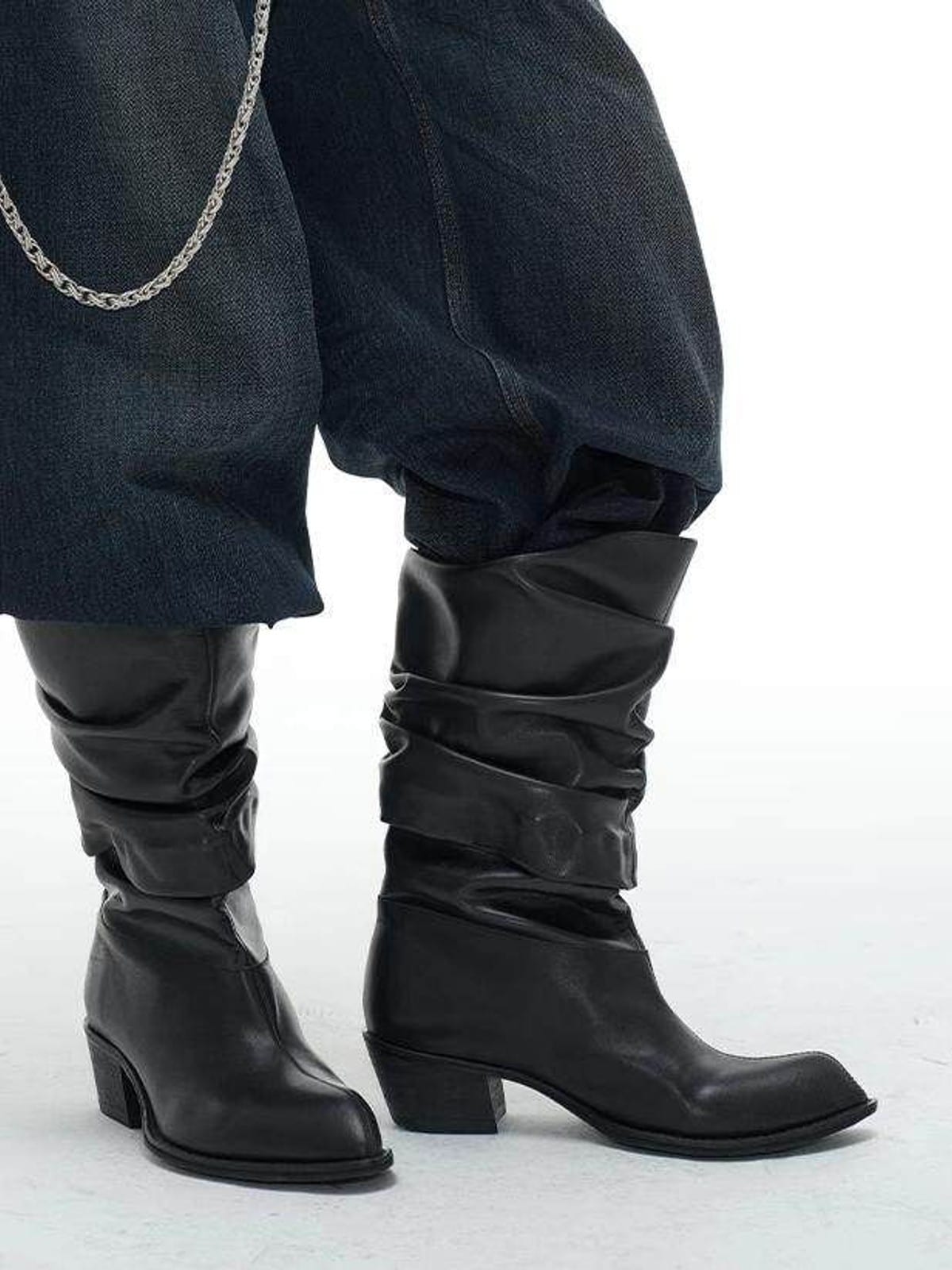 JCAESAR STUDIO Pleated Leather Fold Over Boots in Black - On Model