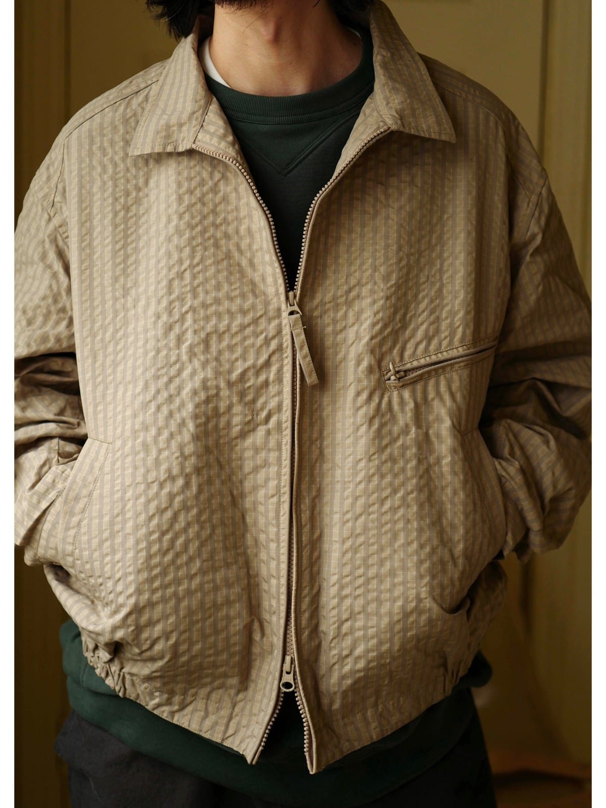 USAGE Jacquard Check Harrington Jacket in Beige - On Male Model