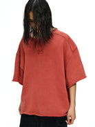 D5ove Heavyweight Boxy Cotton T Shirt in Burgundy - On Model