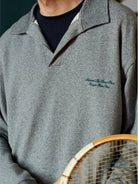 USAGE Oversized Textured Long Sleeve Polo in Gray - On Male Model