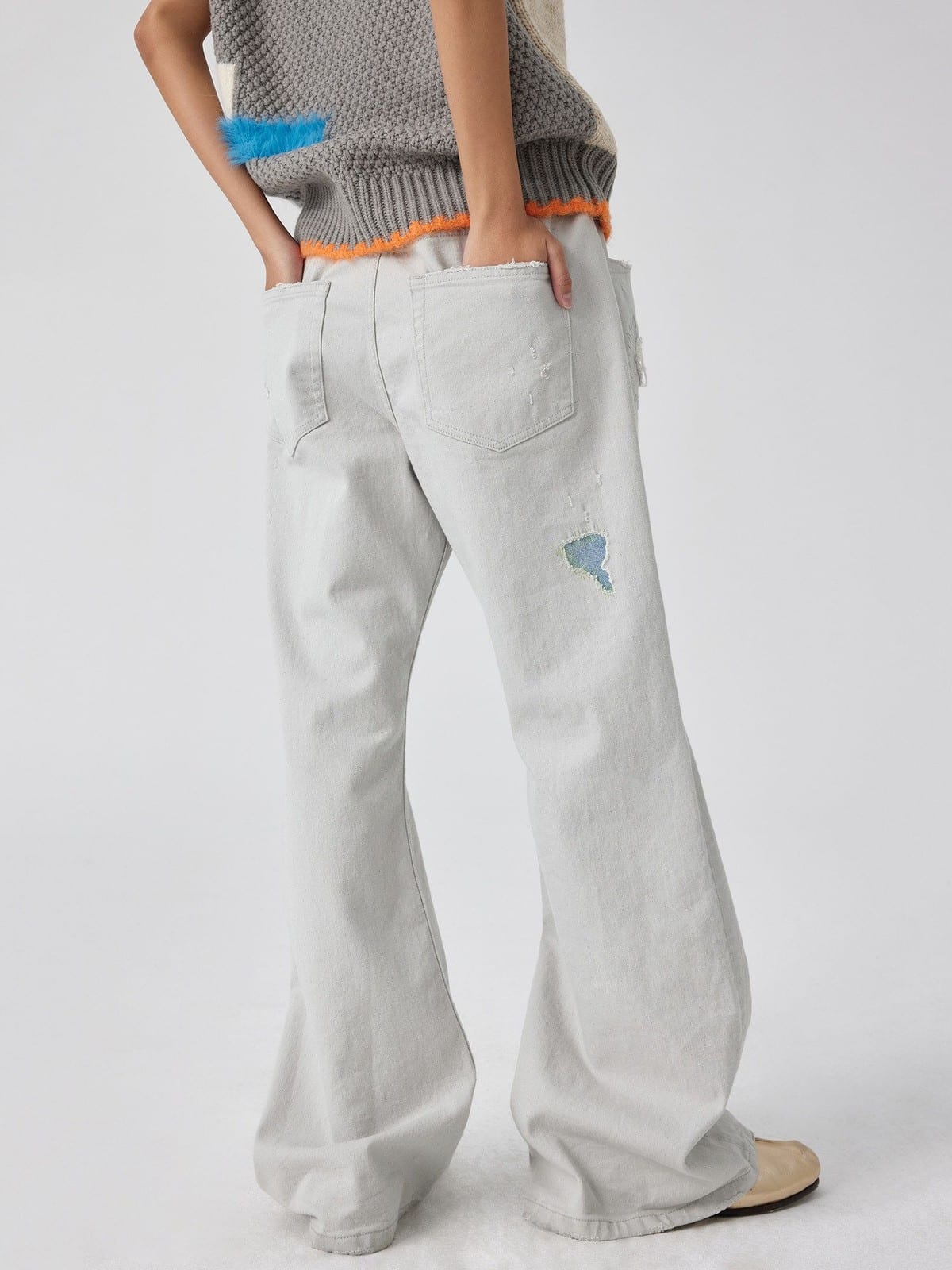 SIMPLE PROJECT Patchwork Distressed Flared Jeans in White - On Model