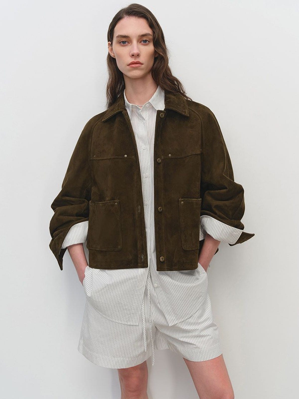 MSBEAST Cropped Suede Goatskin Jacket in Brown - On Female Model