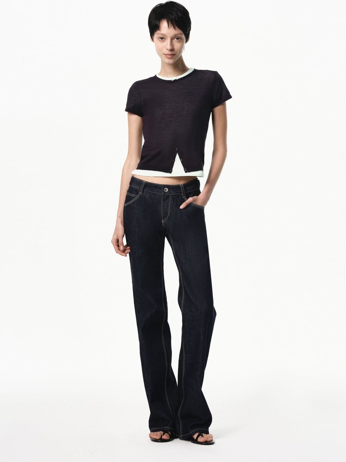 RARELY ALIKE Half Placket Silk Wool Knit Top in Navy Blue - On Female Model