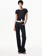 RARELY ALIKE Half Placket Silk Wool Knit Top in Navy Blue - On Female Model