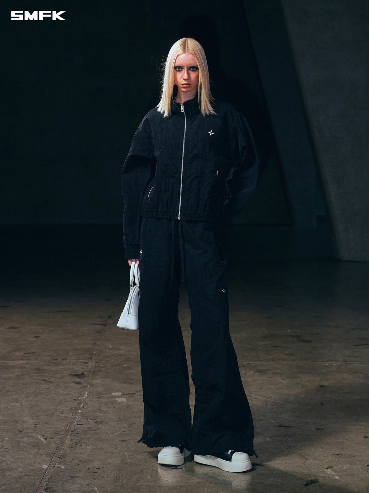 SMFK Zip Up Polyamide Track Jacket in Black - On Female Model