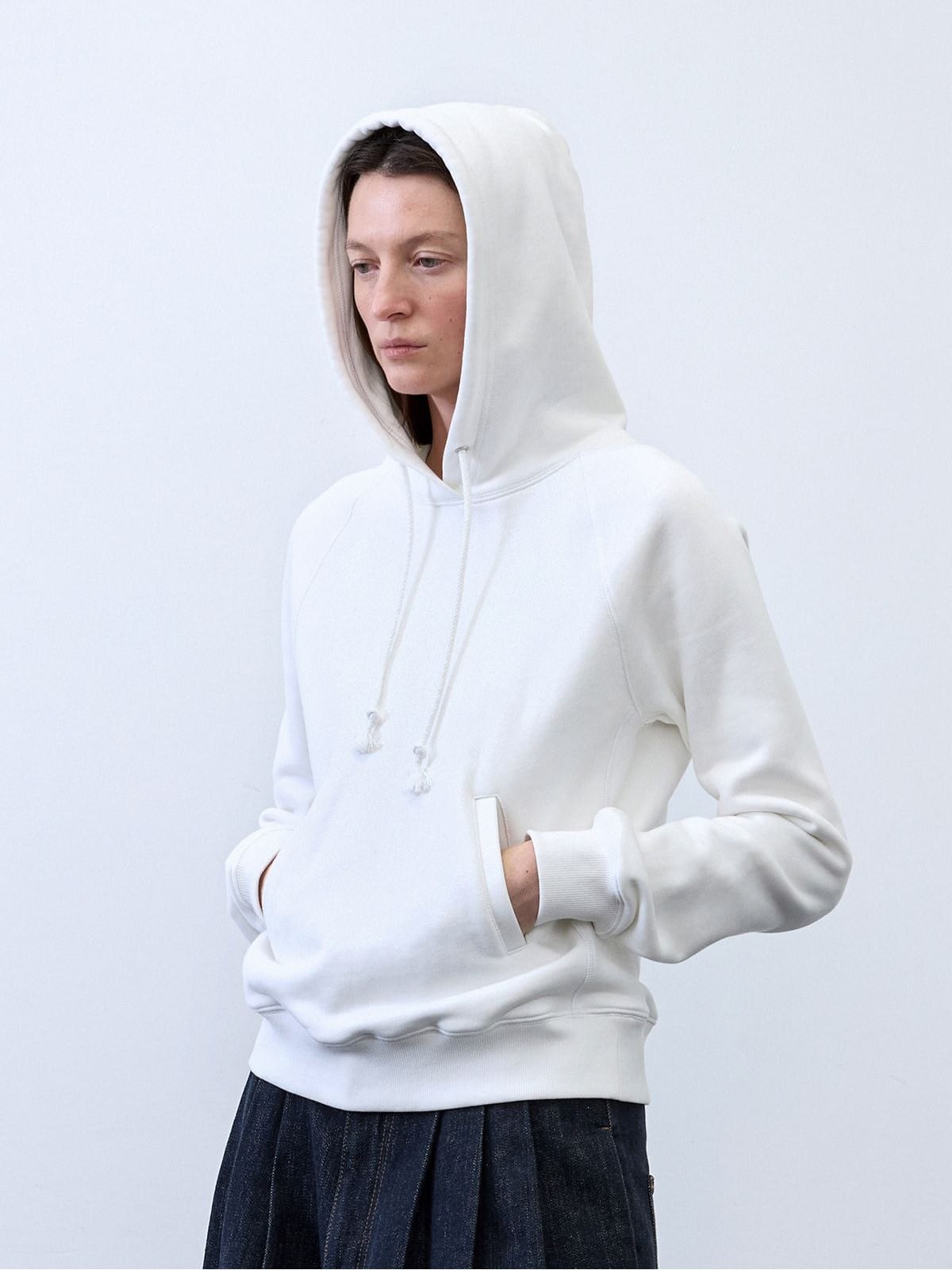 Random Piece Cotton Lyocell Cropped Hoodie in White - On Female Model